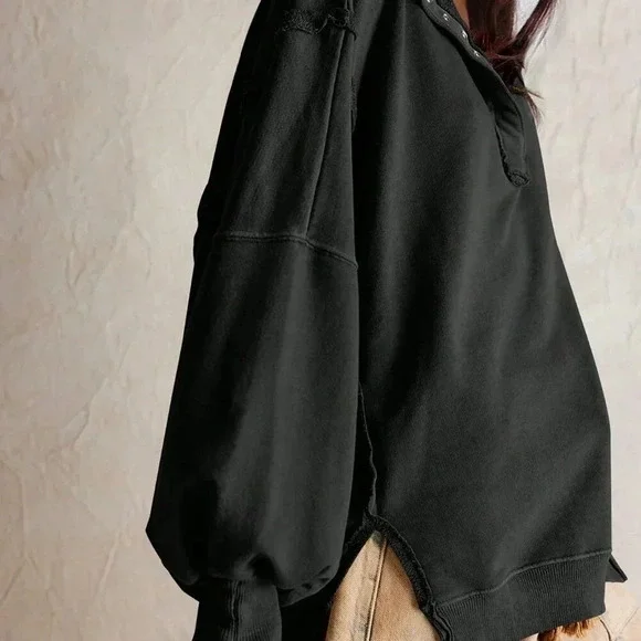 Black Casual Women's Split Lantern Sleeve Polo Collar Sweatshirt - Picture 3 of 3